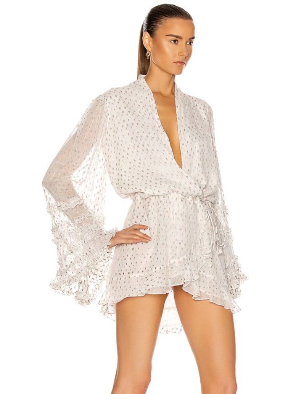 Rococo Sand Noi Metallic Polka Dot Surplice Wrap Long Sleeve Mini Dress NWT, Siz